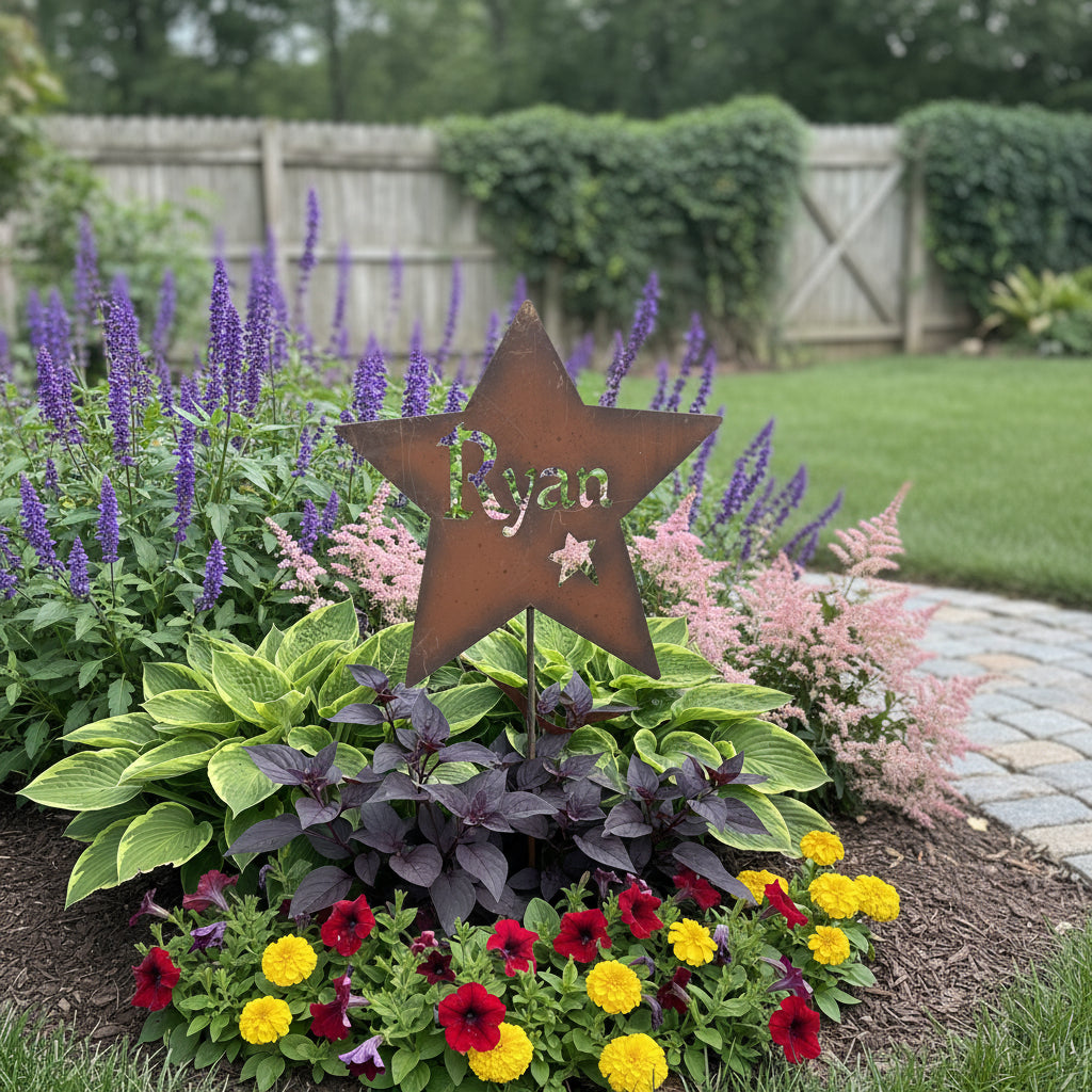 Star-shaped garden sign with 'Ryan' in a colorful flower bed