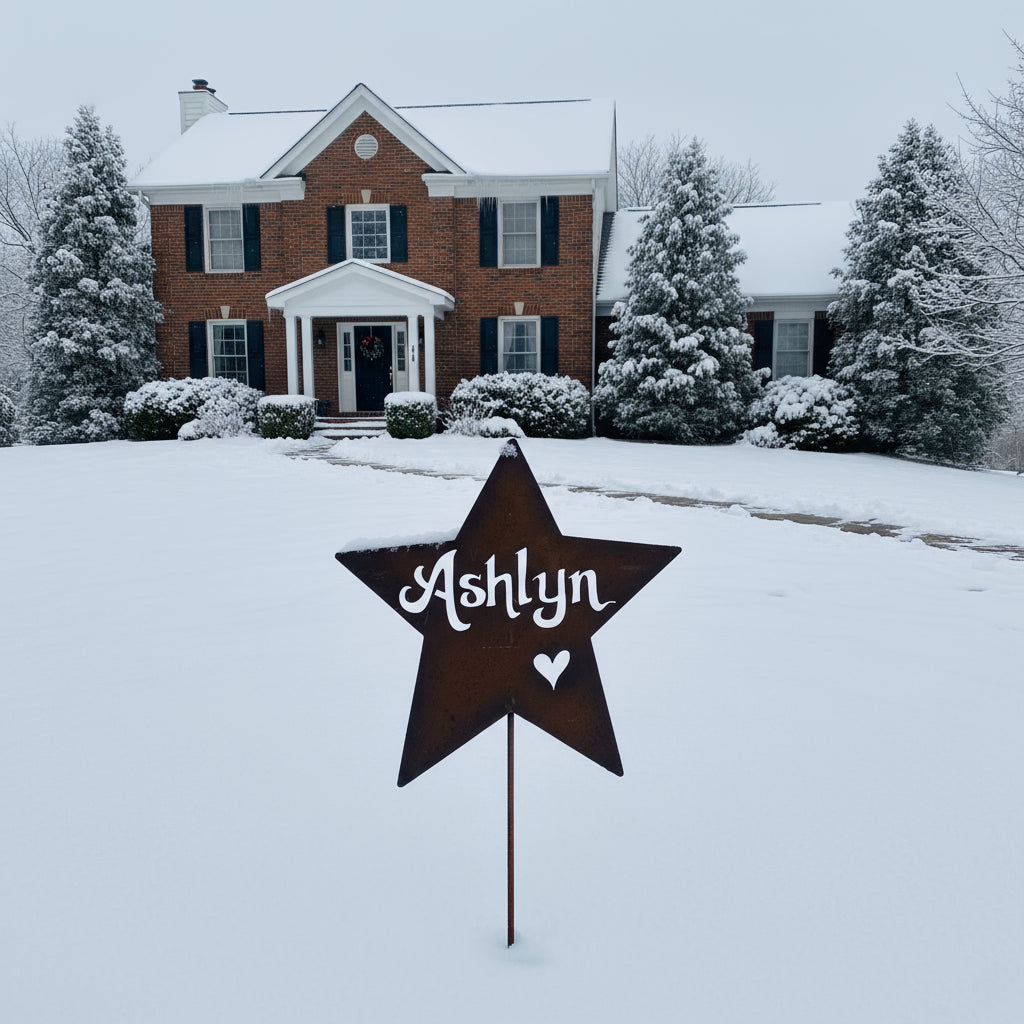 Star-shaped sign with 'Ashlyn' in a snowy front yard of a house
