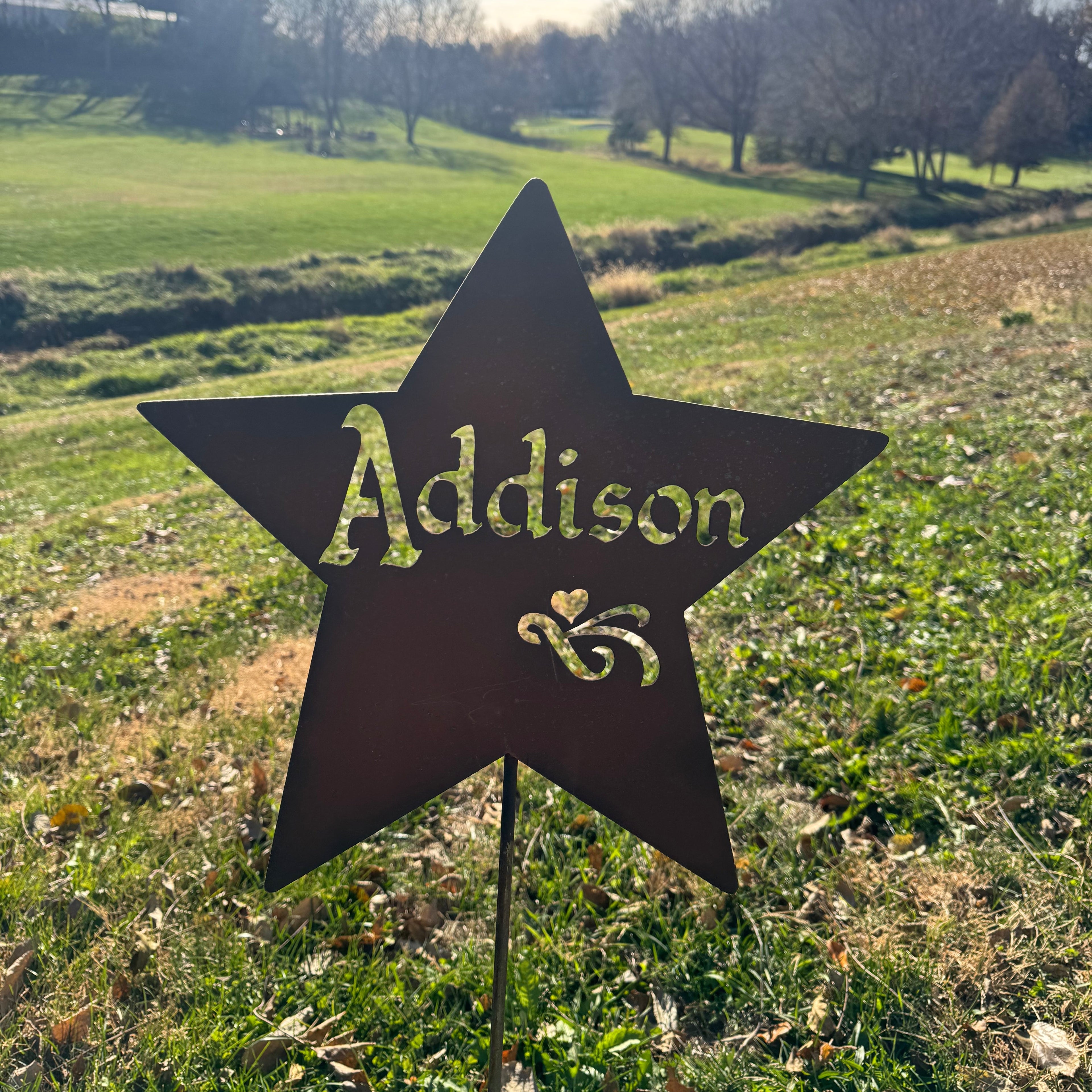 Star-shaped sign with 'Addison' on a grassy field