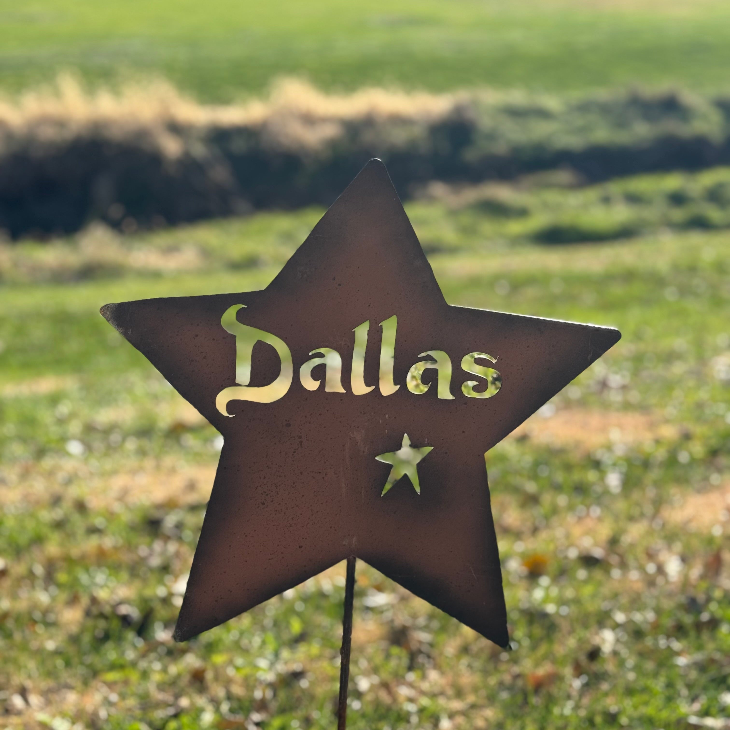 Star-shaped sign with 'Dallas' on a grassy field
