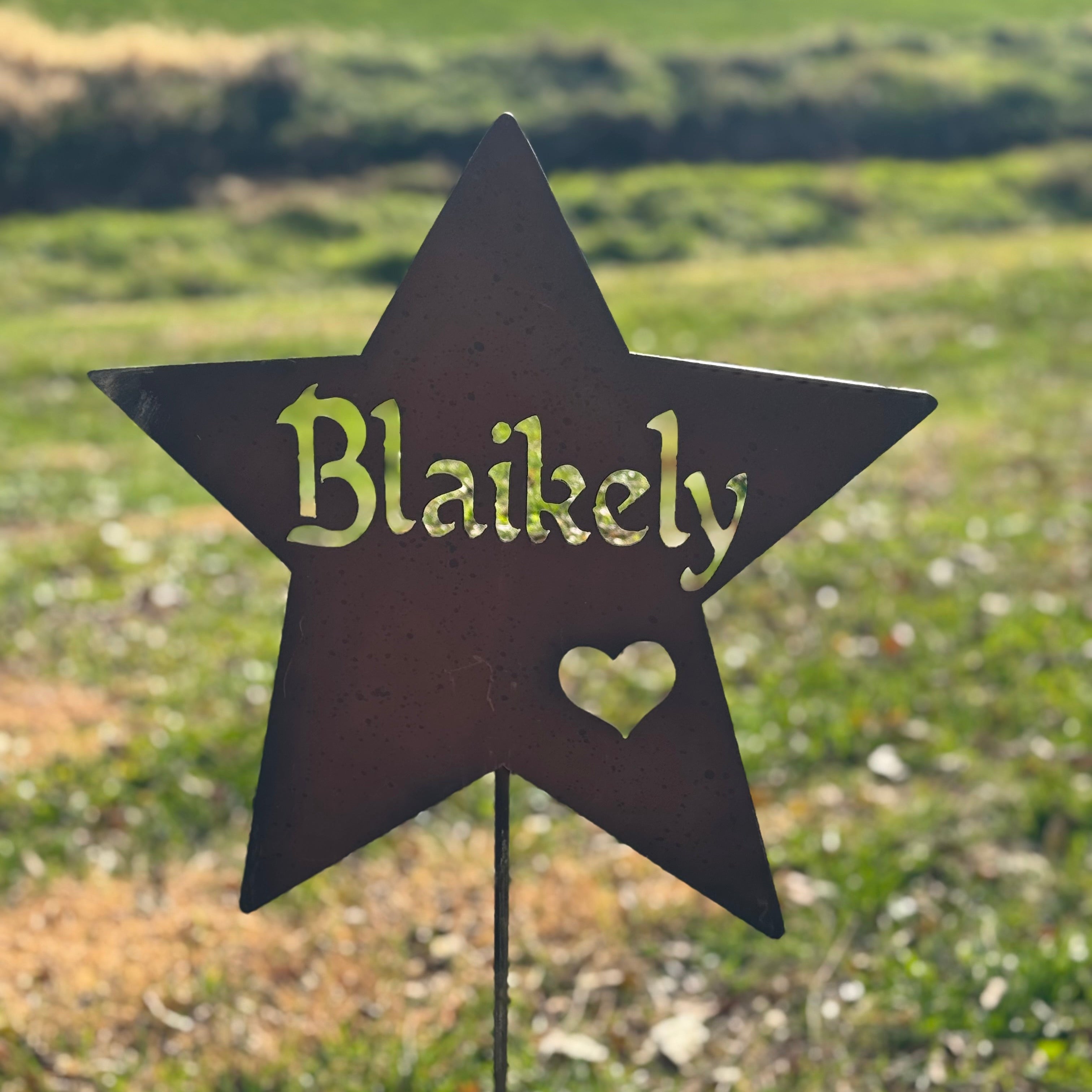 Star-shaped sign with 'Blaikely' and a heart on a grassy background