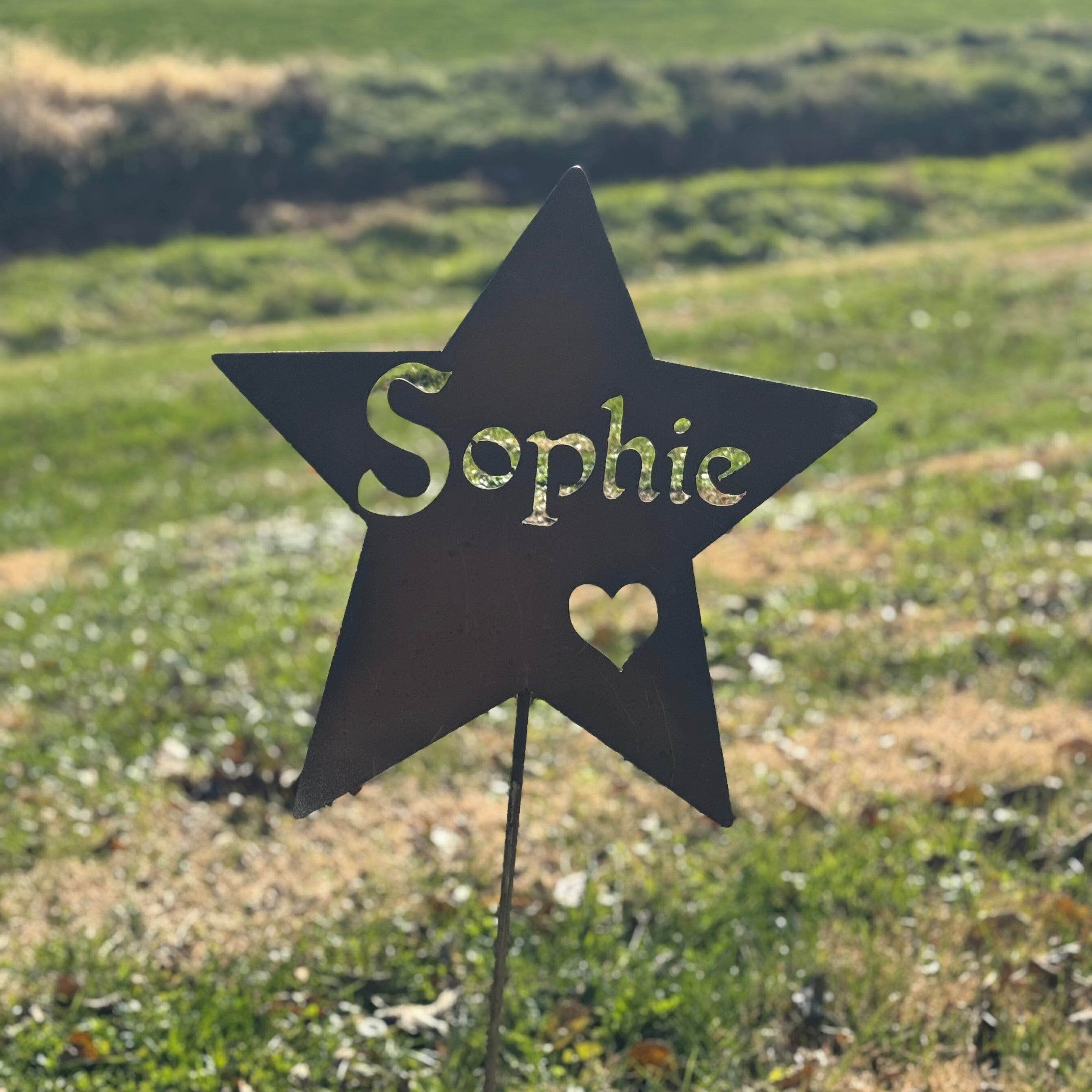 Star-shaped garden sign with 'Sophie' on a grassy background