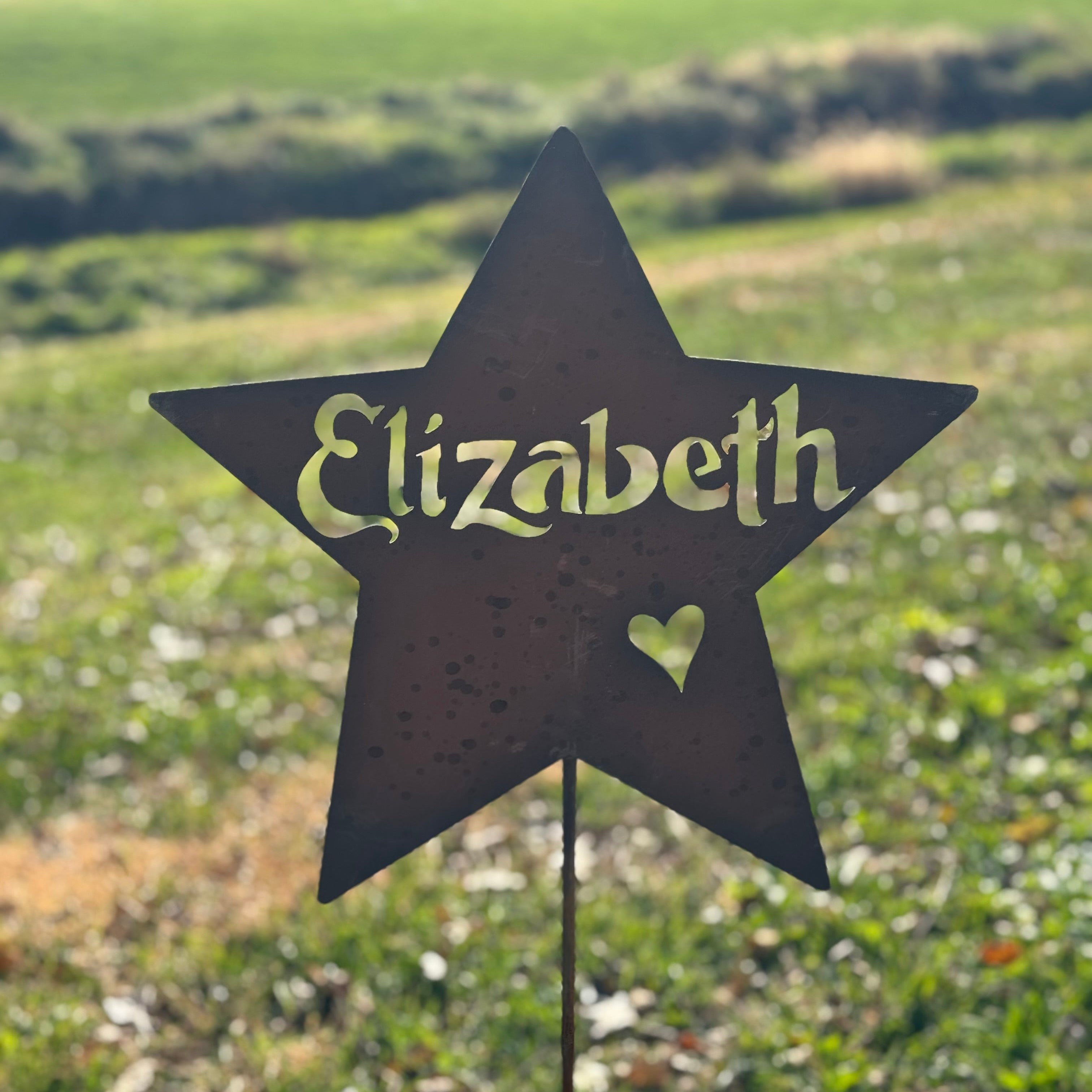 Star-shaped garden sign with 'Elizabeth' and a heart on a grassy background