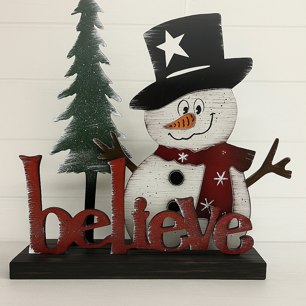 Decorative snowman with top hat and 'believe' sign against a white background