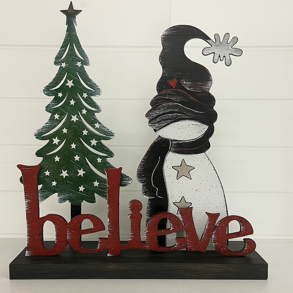 Decorative sign with a snowman, Christmas tree, and 'believe' text on a white background