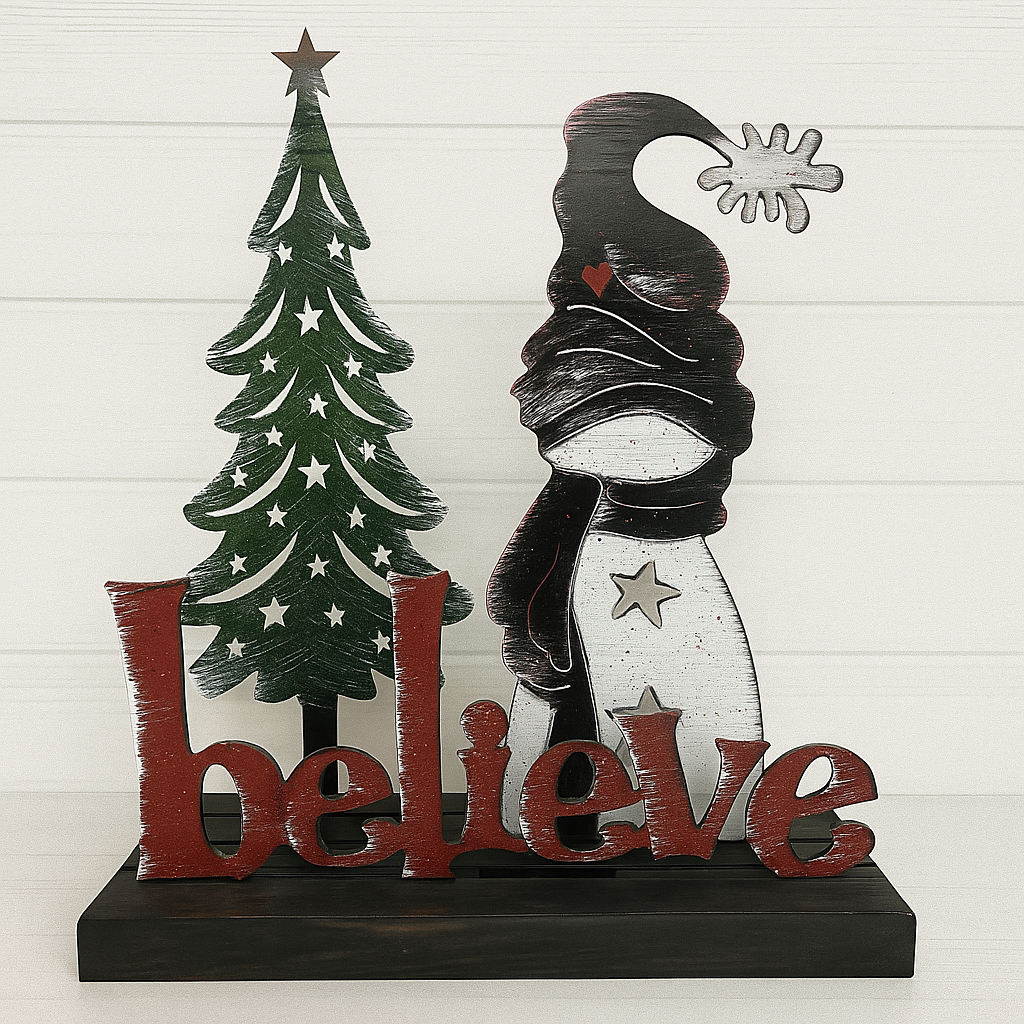 Decorative sign with Christmas tree, gnome, and 'believe' text on a white background
