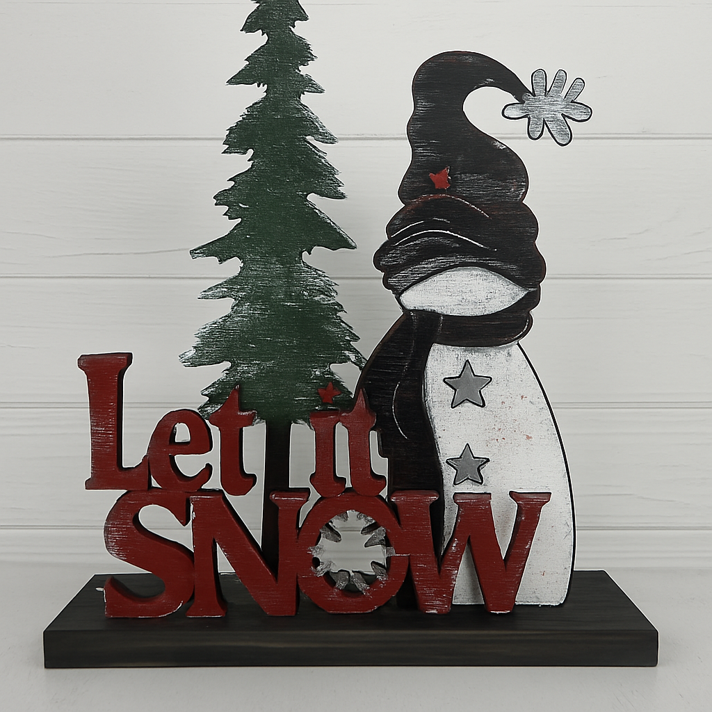 Decorative sign with 'Let it Snow' text and a gnome figure against a white background
