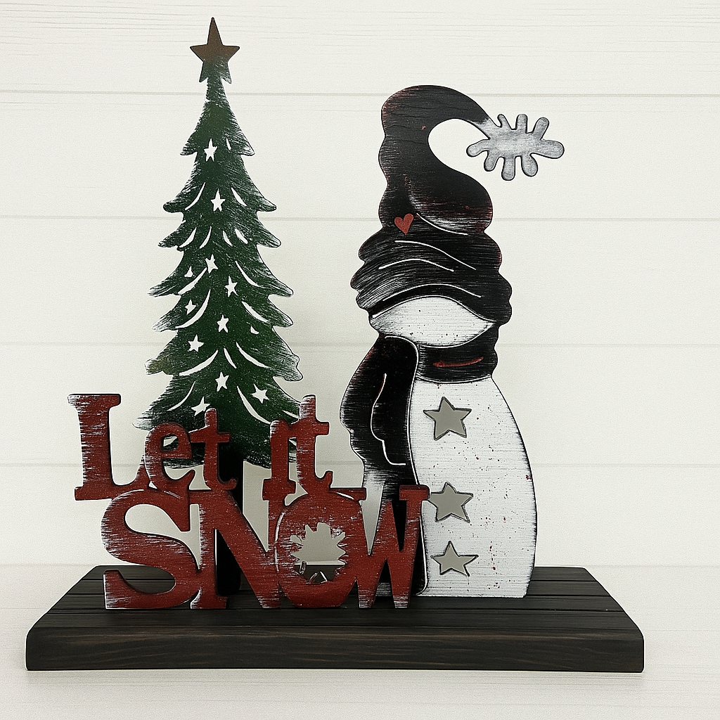 Decorative Christmas sign with snowman, tree, and 'Let it Snow' text on a white background