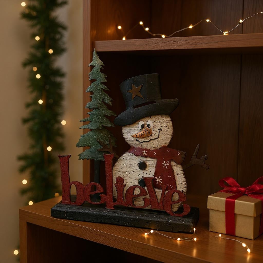Decorative snowman figurine with 'believe' sign on a shelf with Christmas decorations.