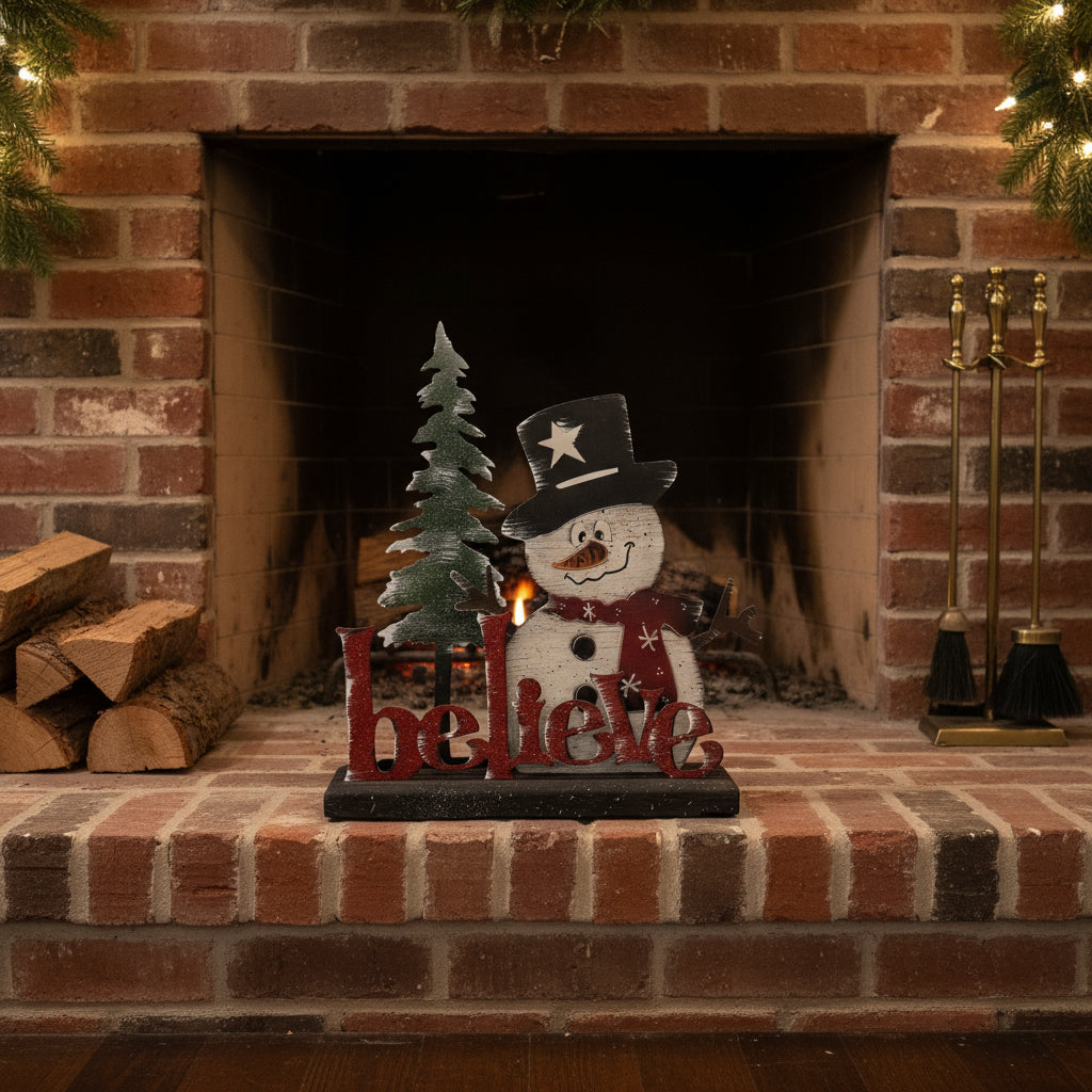 Decorative snowman with an American flag hat on a fireplace mantel with Christmas lights.
