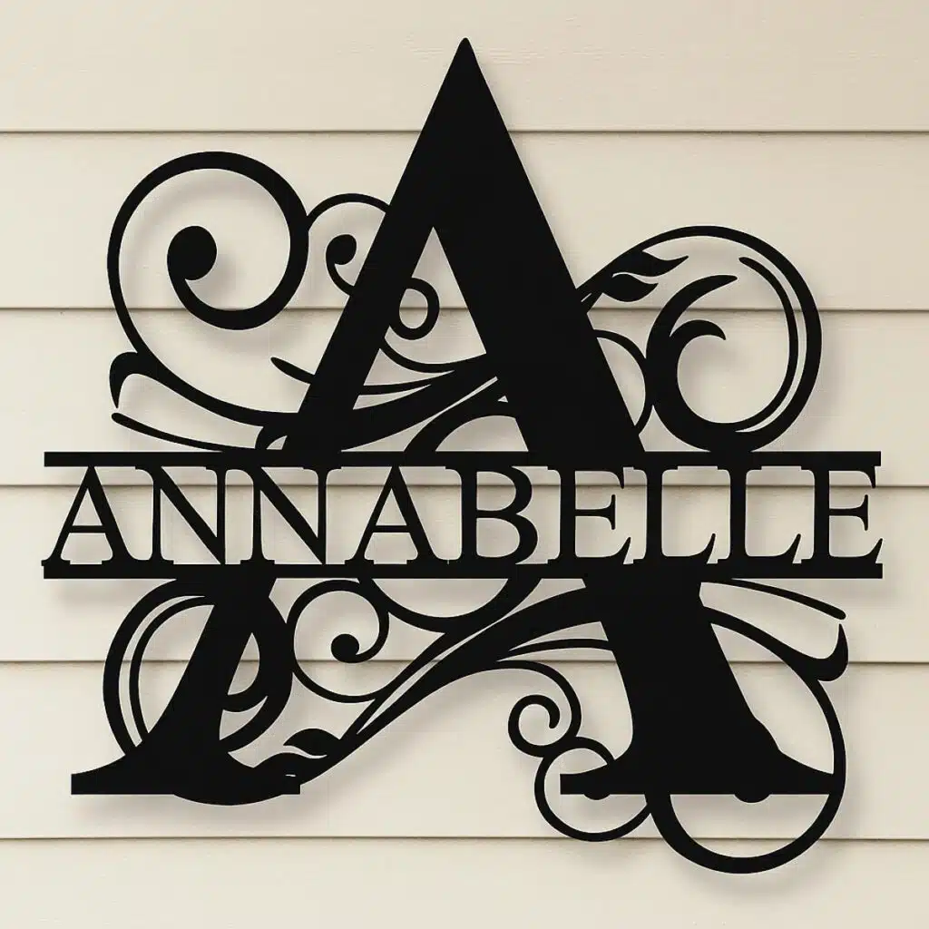 The Custom Name Split Letter Monogram is a black metal wall art featuring an ornate letter A with swirls and the name ANNABELLE across the center, displayed on a light-colored siding background.