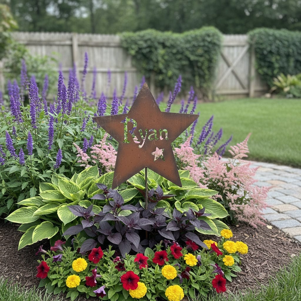 A garden bed with colorful flowers and greenery features a metal star sign with the name “Ryan” cut out. A wooden fence and flowering plants are in the background.