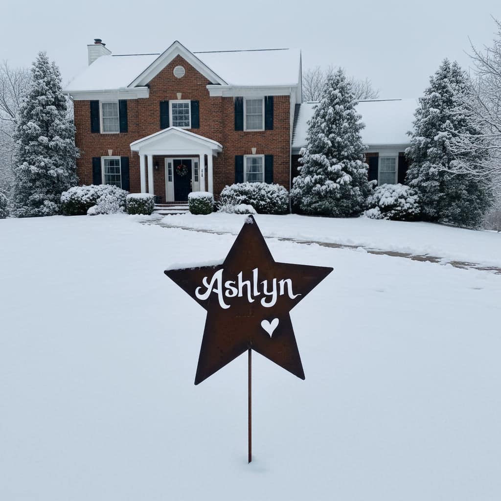 A two-story brick house with snow-covered trees and yard. In the foreground, a metal star sign with the name Ashlyn and a heart stands in the snowy lawn.