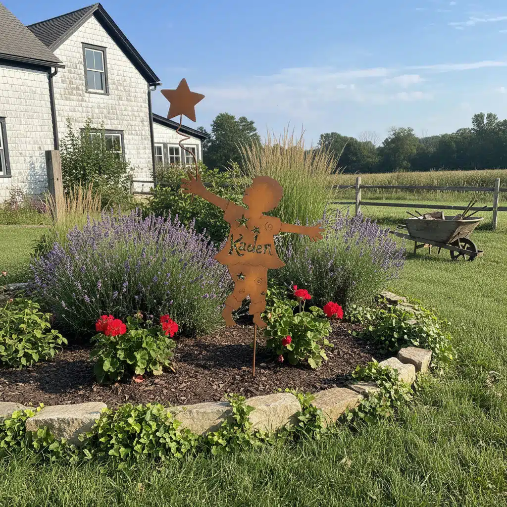 The Garden Dancer Kids - Custom Metal Yard Art Stake shows a child holding a star, set in a round flower bed with red and purple blooms. A house, green lawn, field, and old wheelbarrow complete the scene beneath a clear sky.