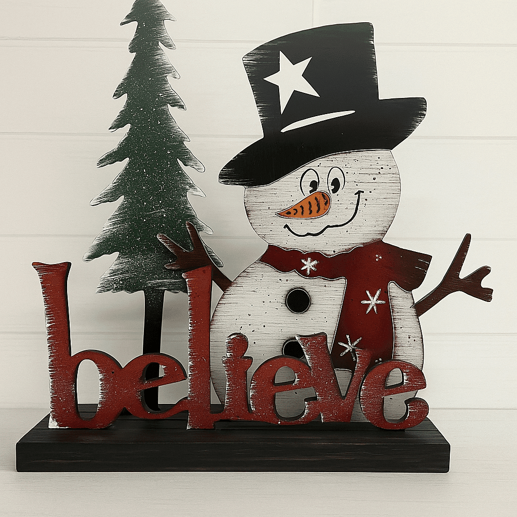 Snowman with 'believe' and tree