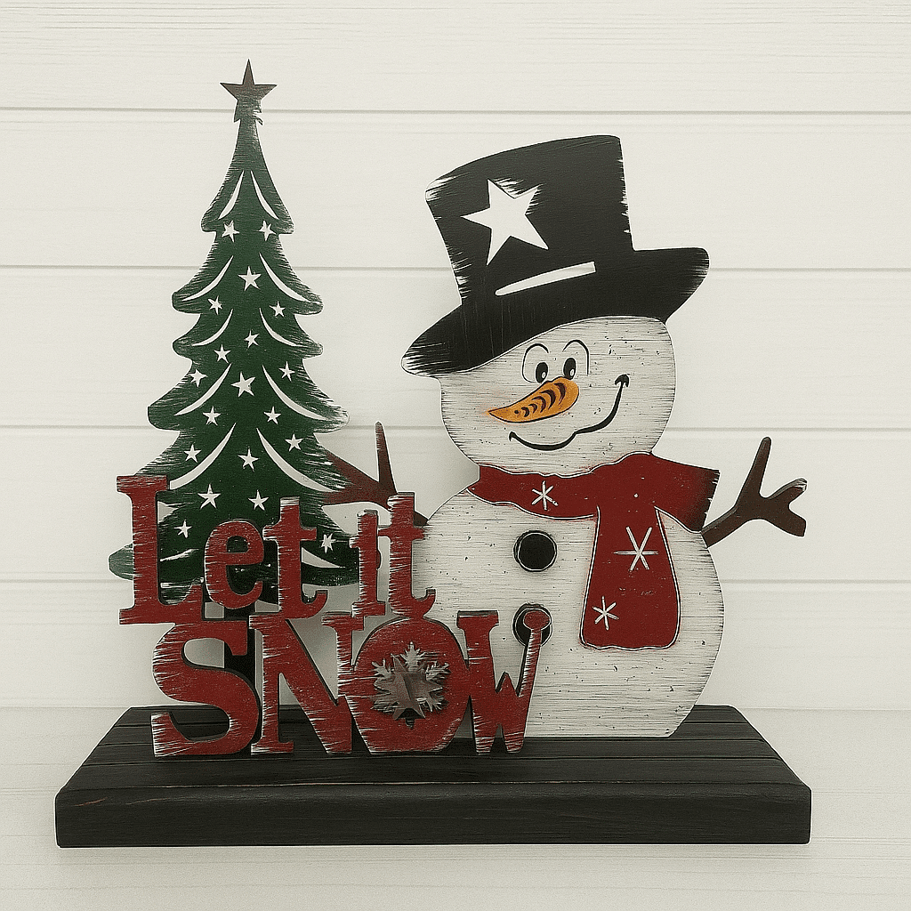 The Custom Holiday Sign Board – Mix & Match Snowman Set features a green Christmas tree, a smiling snowman in a black hat and red scarf, and red "Let it Snow" text on a white background.
