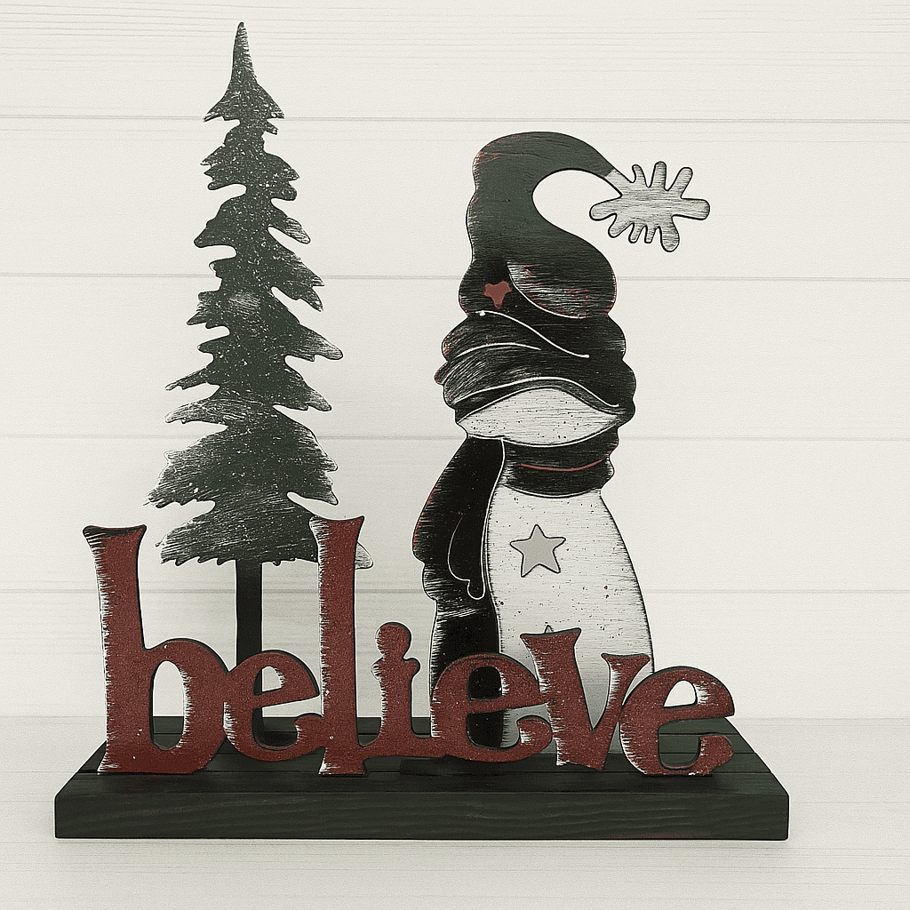 The Custom Holiday Sign Board – Mix & Match Snowman Set features a snowman with a hat and scarf beside a pine tree, plus “believe” in red letters on a black base—perfect for festive holiday displays.