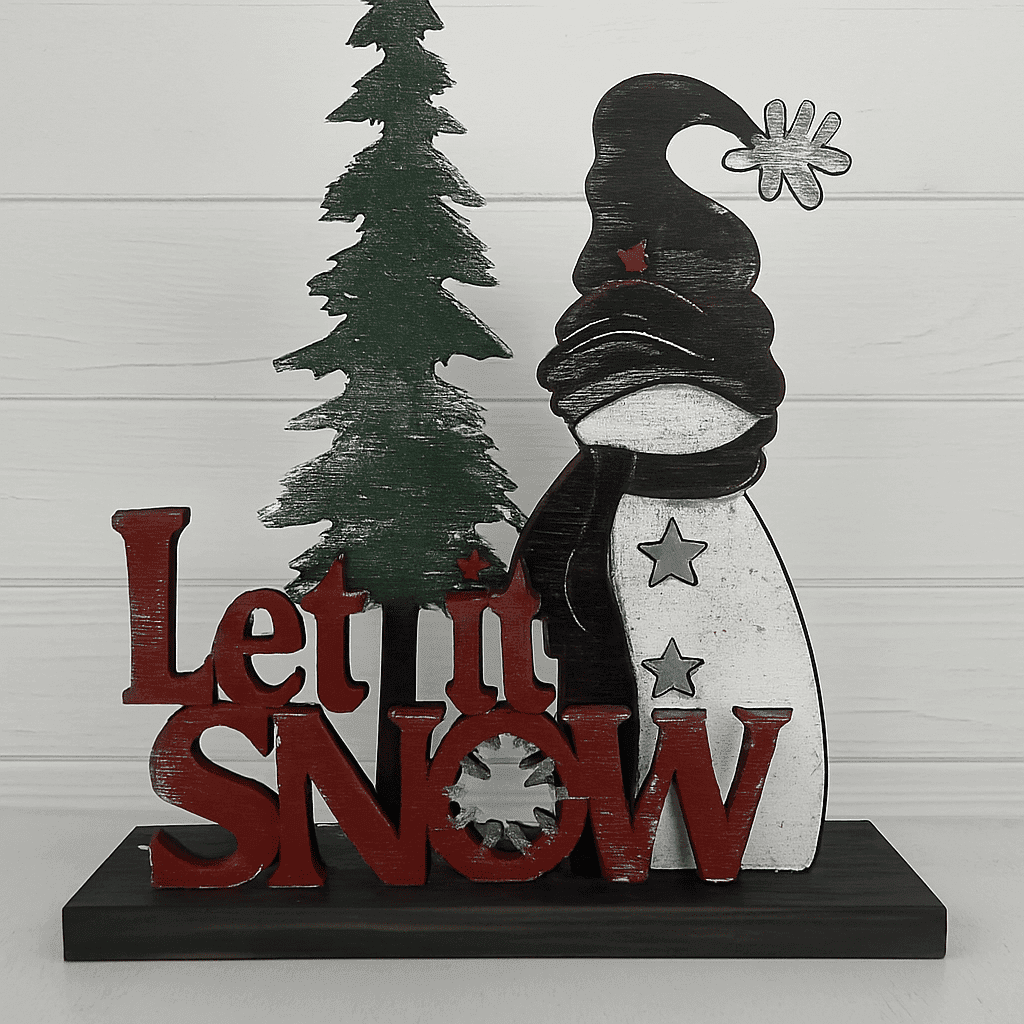 The Custom Holiday Sign Board – Mix & Match Snowman Set includes a snowman with a black hat, green pine tree, and red "Let it Snow" on a black base—ideal for creating your own festive holiday display.