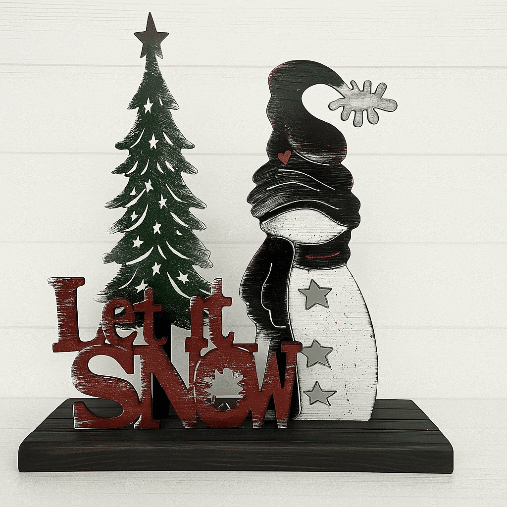 The Custom Holiday Sign Board – Mix & Match Snowman Set displays a snowman in a hat and scarf, a green tree with white stars, and "Let It Snow" in red on a dark wooden base against a light background.