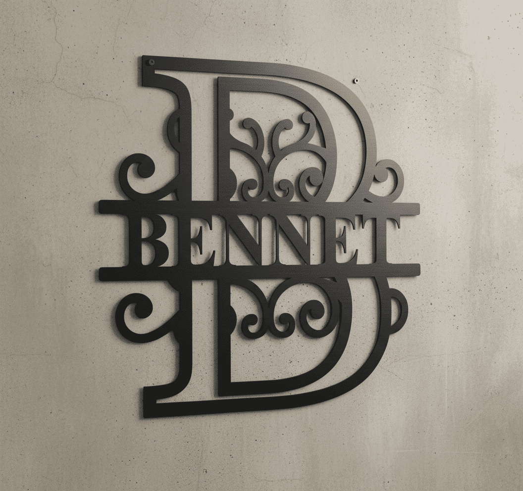 A decorative black metal sign on a concrete wall, featuring a large ornate letter B with the name BENNET in capital letters across the center.