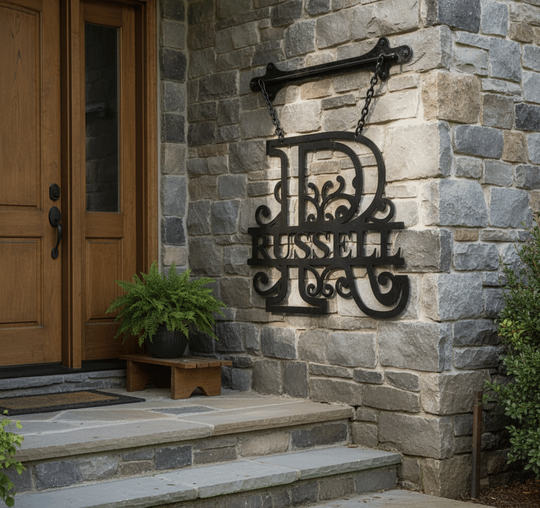 A large black metal sign with the letter R and the name Russell hangs from chains on a stone wall beside a wooden front door, with potted ferns on the steps.