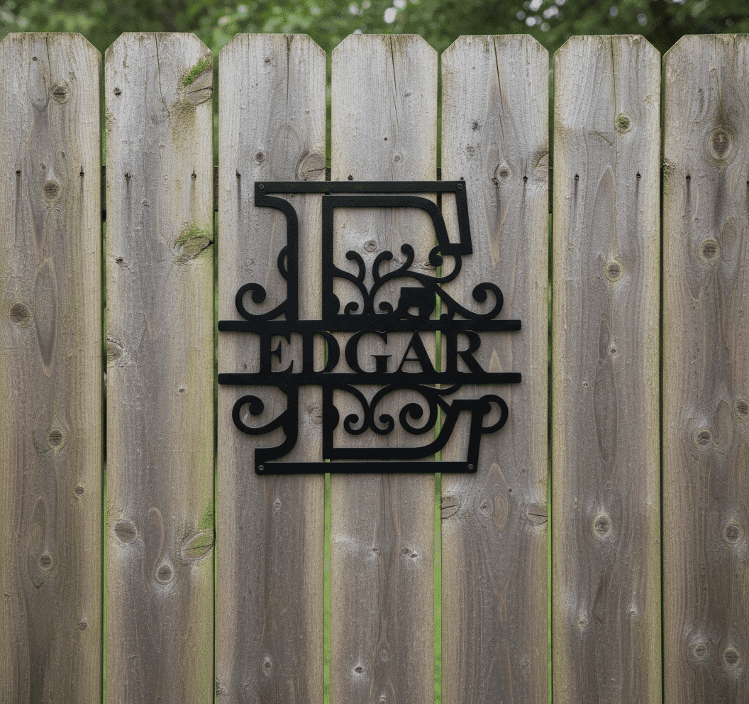 A wooden fence with a decorative black metal sign featuring a large letter E and the name EDGAR in ornate lettering, surrounded by swirled designs. Trees with green leaves are visible above the fence.