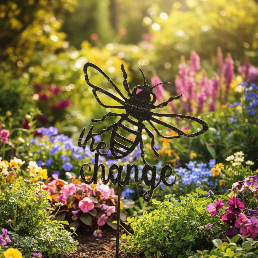 The Bee the Change Garden Stake adds charming bee-themed decor among colorful flowers and greenery in a sunlit garden.
