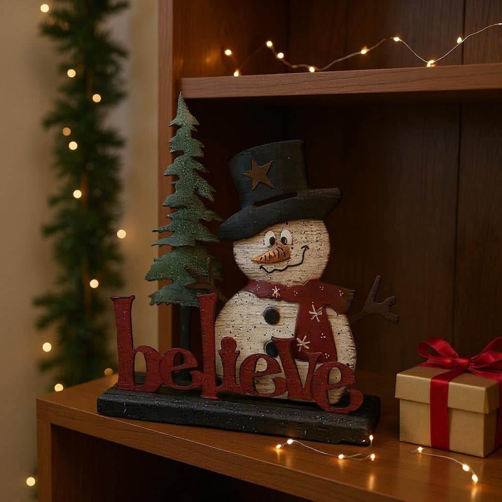 The Custom Holiday Sign Board – Mix & Match Snowman Set features a snowman with black hat and red scarf beside a "believe" sign, accented by fairy lights, a mini pine tree, and wrapped gift for the perfect festive shelf display.