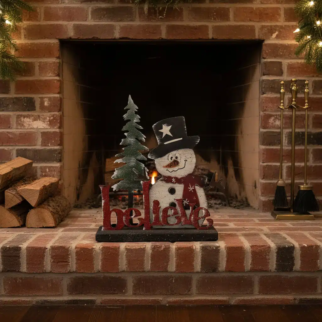 A fireplace with a brick surround is decorated with the Custom Holiday Sign Board – Mix & Match Snowman Set, featuring a snowman in a black hat, a Christmas tree, and "believe" in red. Firewood and tools sit on either side.