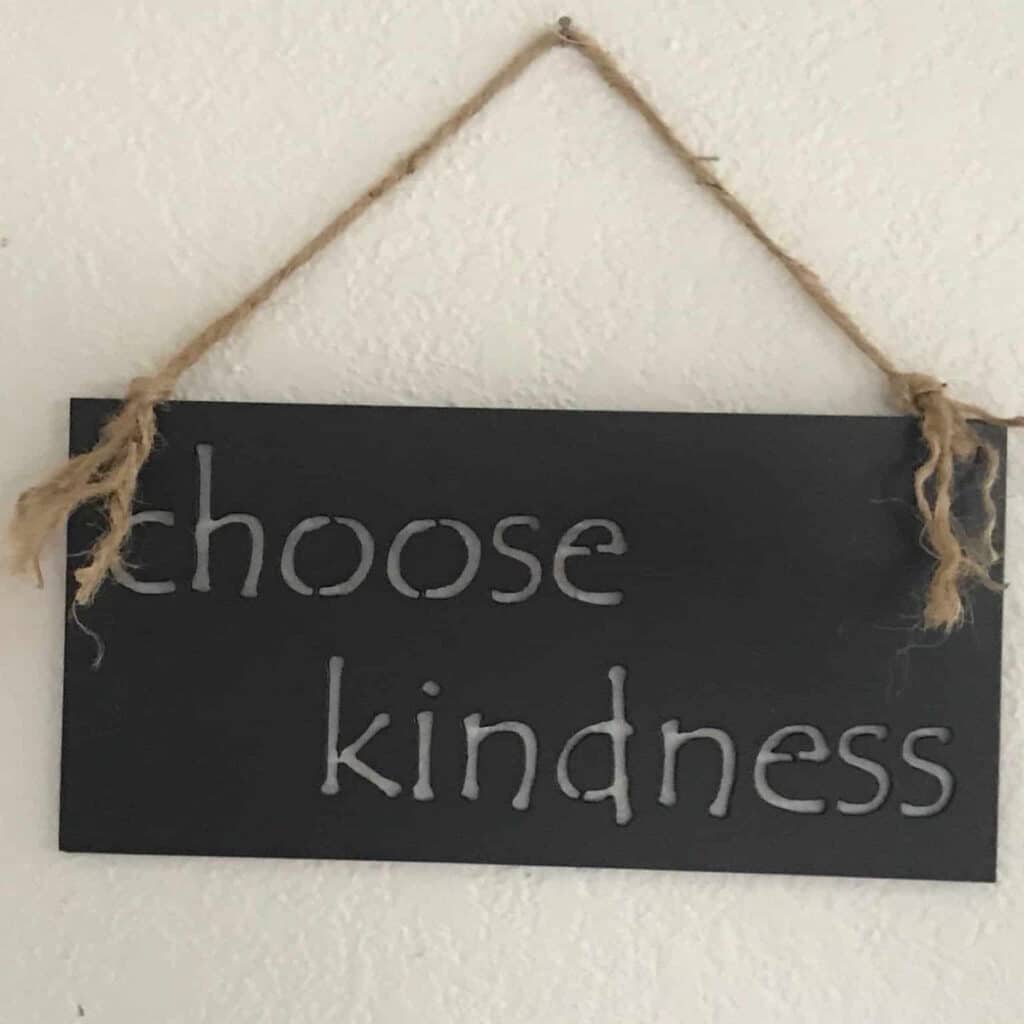 The Choose Kindness Metal Sign is a black rectangular metal wall decor featuring "choose kindness" in white lowercase letters, hung by brown twine on a white textured wall.