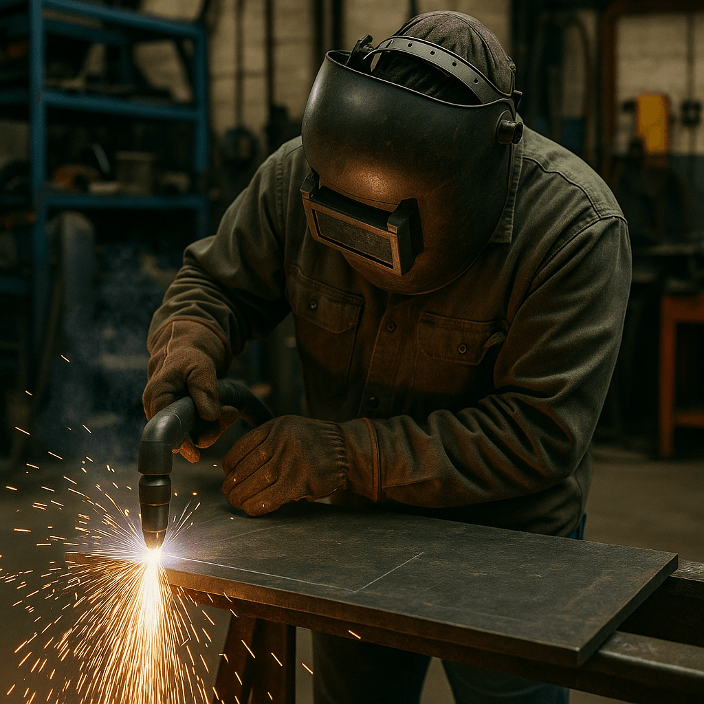 A person wearing protective gear and a welding helmet uses a plasma torch to cut a metal sheet, with bright sparks flying in a workshop setting.