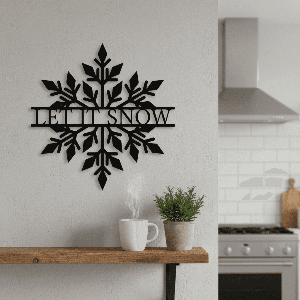 A black snowflake wall decoration with the words LET IT SNOW hangs on a light gray wall above a wooden shelf holding a steaming white mug and a potted plant. A modern kitchen is visible in the background.