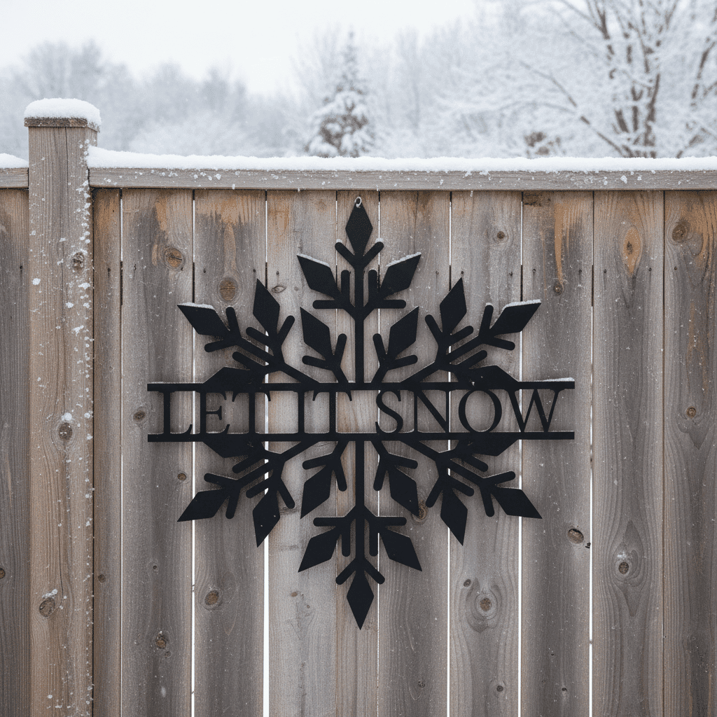A wooden fence with a large black snowflake decoration displaying the words LET IT SNOW. Snow covers the fence and the trees in the wintry background.