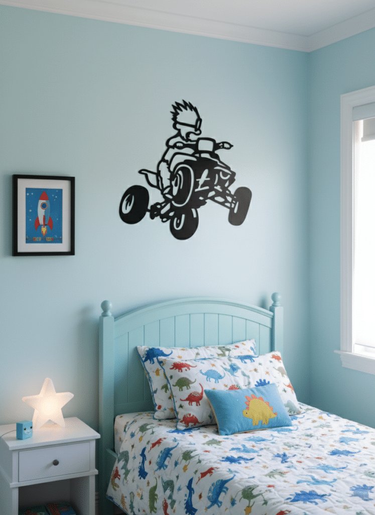 A child’s bedroom with pastel blue walls, a twin bed with dinosaur-themed bedding, a star-shaped lamp on a nightstand, a framed rocket illustration, and a wall decal of a cartoon child riding an ATV above the bed.