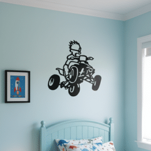 A child’s bedroom with pastel blue walls, a twin bed with dinosaur-themed bedding, a star-shaped lamp on a nightstand, a framed rocket illustration, and a wall decal of a cartoon child riding an ATV above the bed.