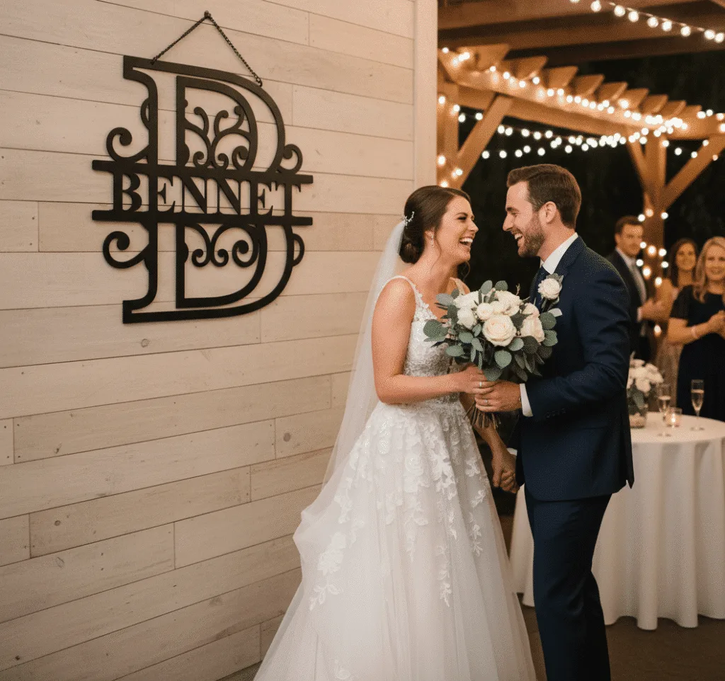 A bride and groom smile and hold hands at their wedding reception beside a monogrammed Bennet sign, with string lights and guests in the background. The bride holds a bouquet of white flowers.