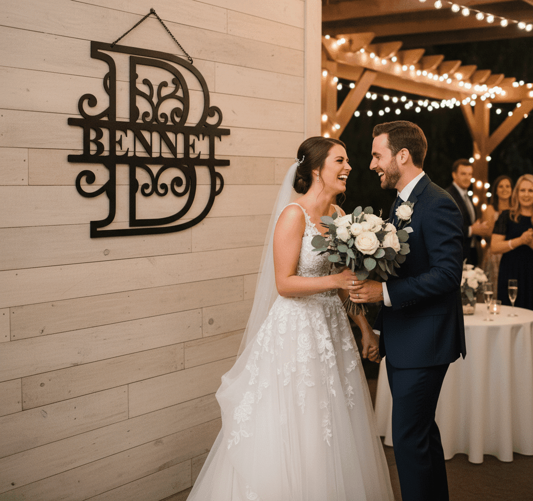 A bride and groom smile and hold hands at their wedding reception beside a monogrammed Bennet sign, with string lights and guests in the background. The bride holds a bouquet of white flowers.