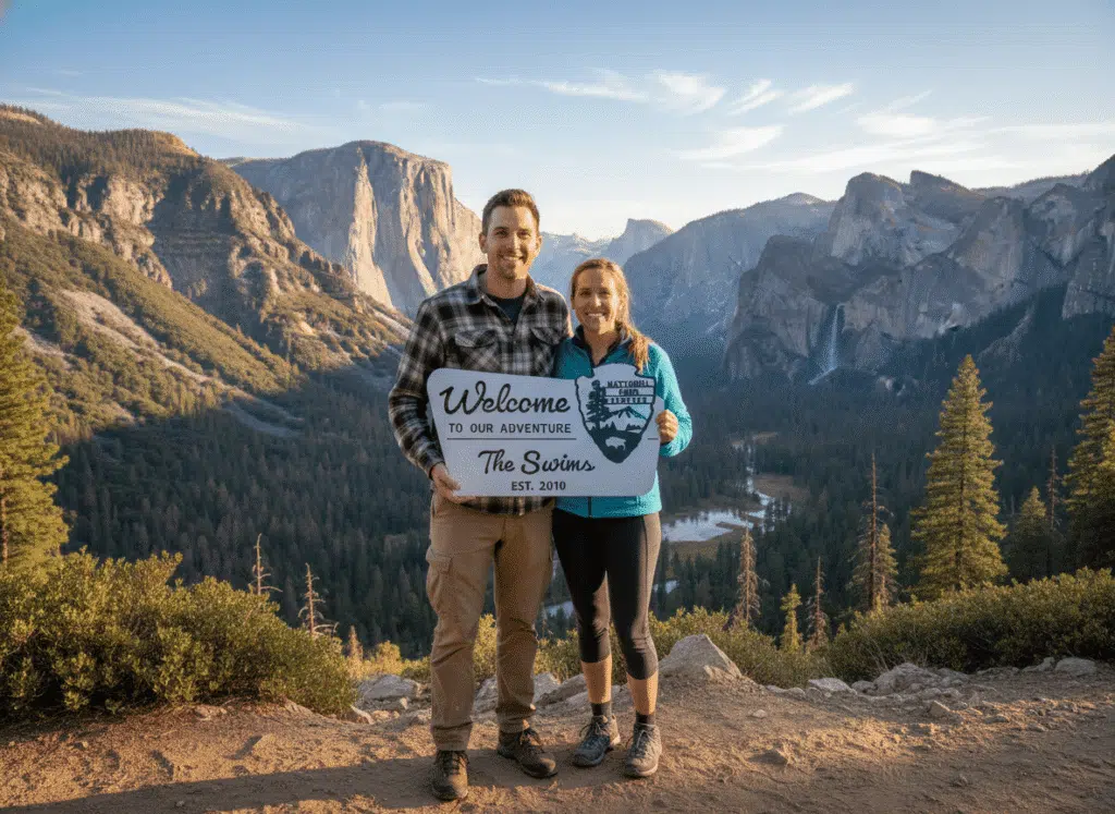 A smiling couple stands on a scenic mountain overlook, holding a sign that reads, Welcome to our adventure, The Swims, Est. 2016, with pine trees and rocky cliffs in the background.