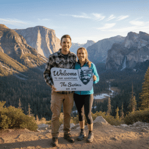 A smiling couple stands on a scenic mountain overlook, holding a sign that reads, Welcome to our adventure, The Swims, Est. 2016, with pine trees and rocky cliffs in the background.