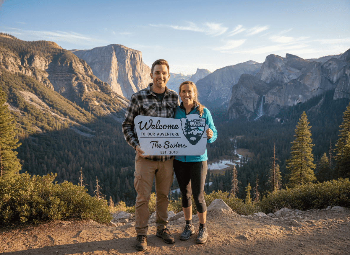 A smiling couple stands on a scenic mountain overlook, holding a sign that reads, Welcome to our adventure, The Swims, Est. 2016, with pine trees and rocky cliffs in the background.